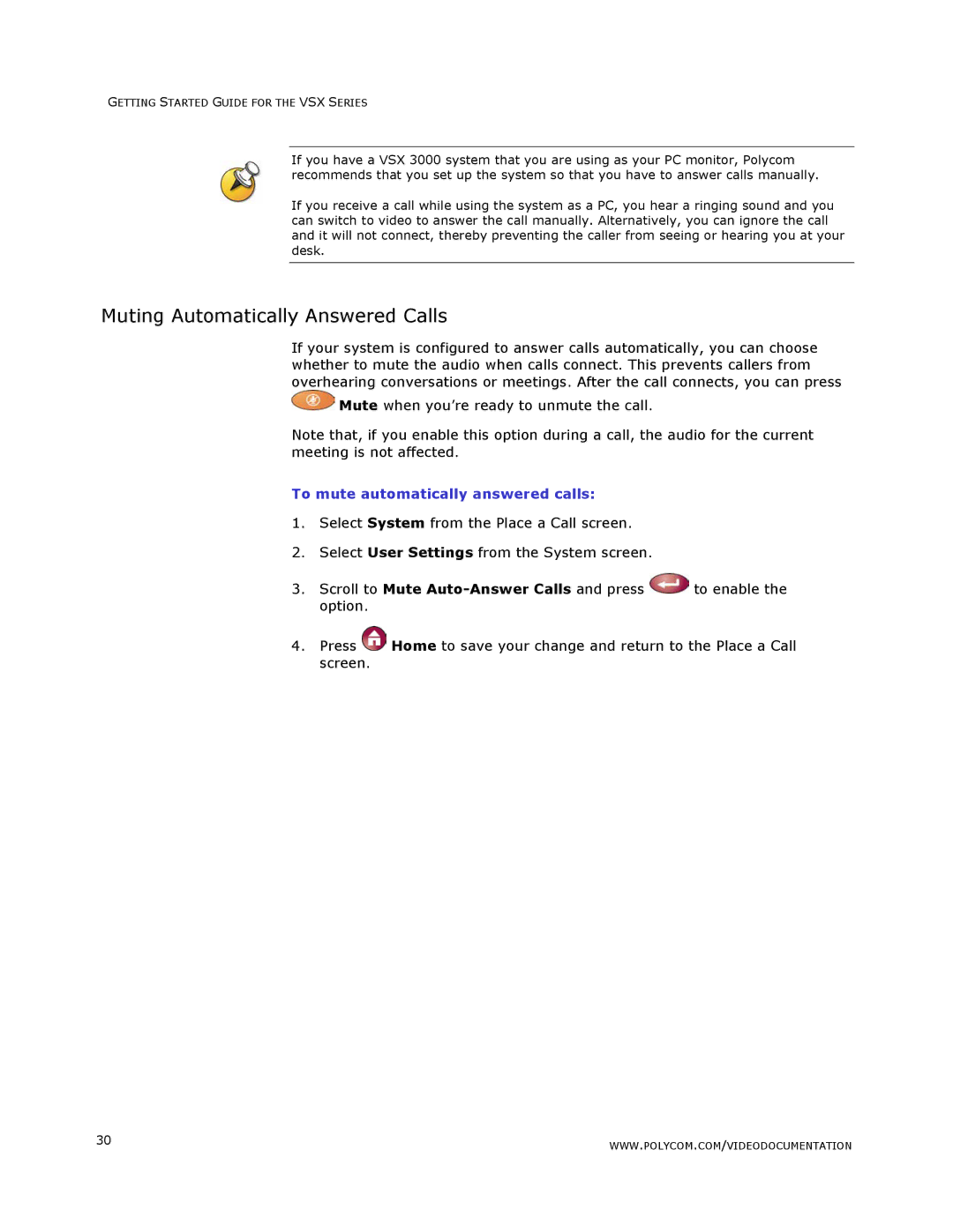 Polycom VSX Series manual Muting Automatically Answered Calls, To mute automatically answered calls 