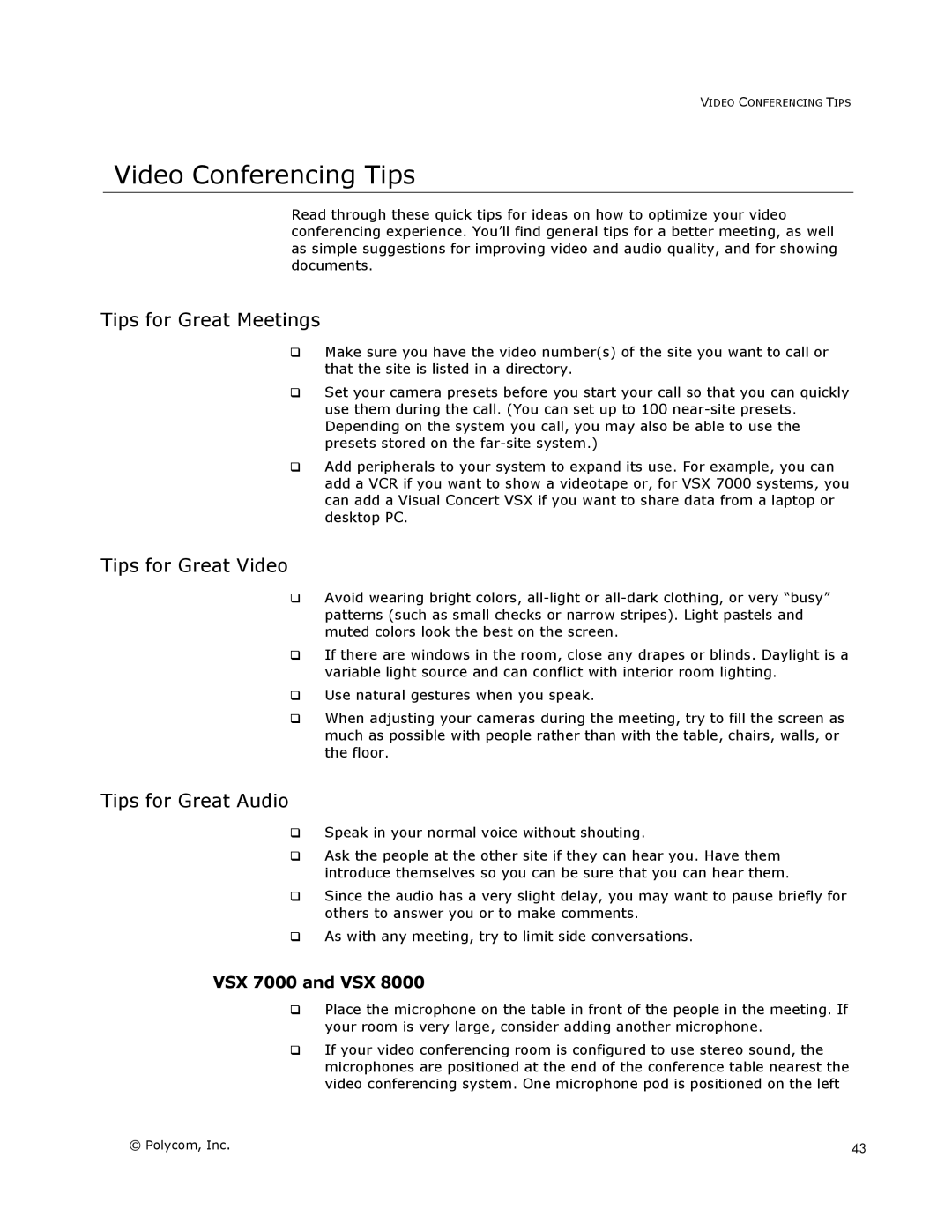 Polycom VSX Series manual Video Conferencing Tips, Tips for Great Meetings, Tips for Great Video, Tips for Great Audio 