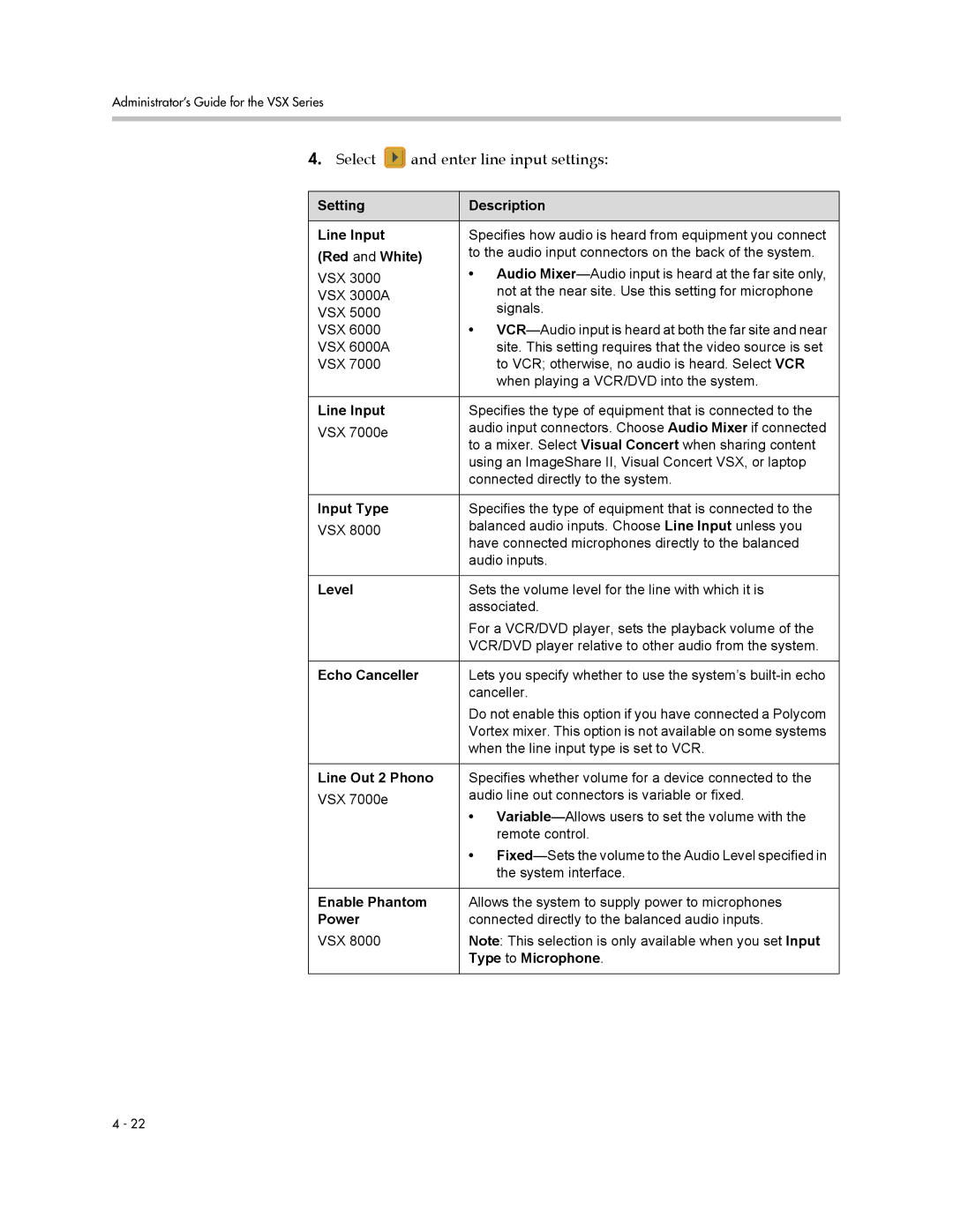 Polycom VSX Series manual Select and enter line input settings 