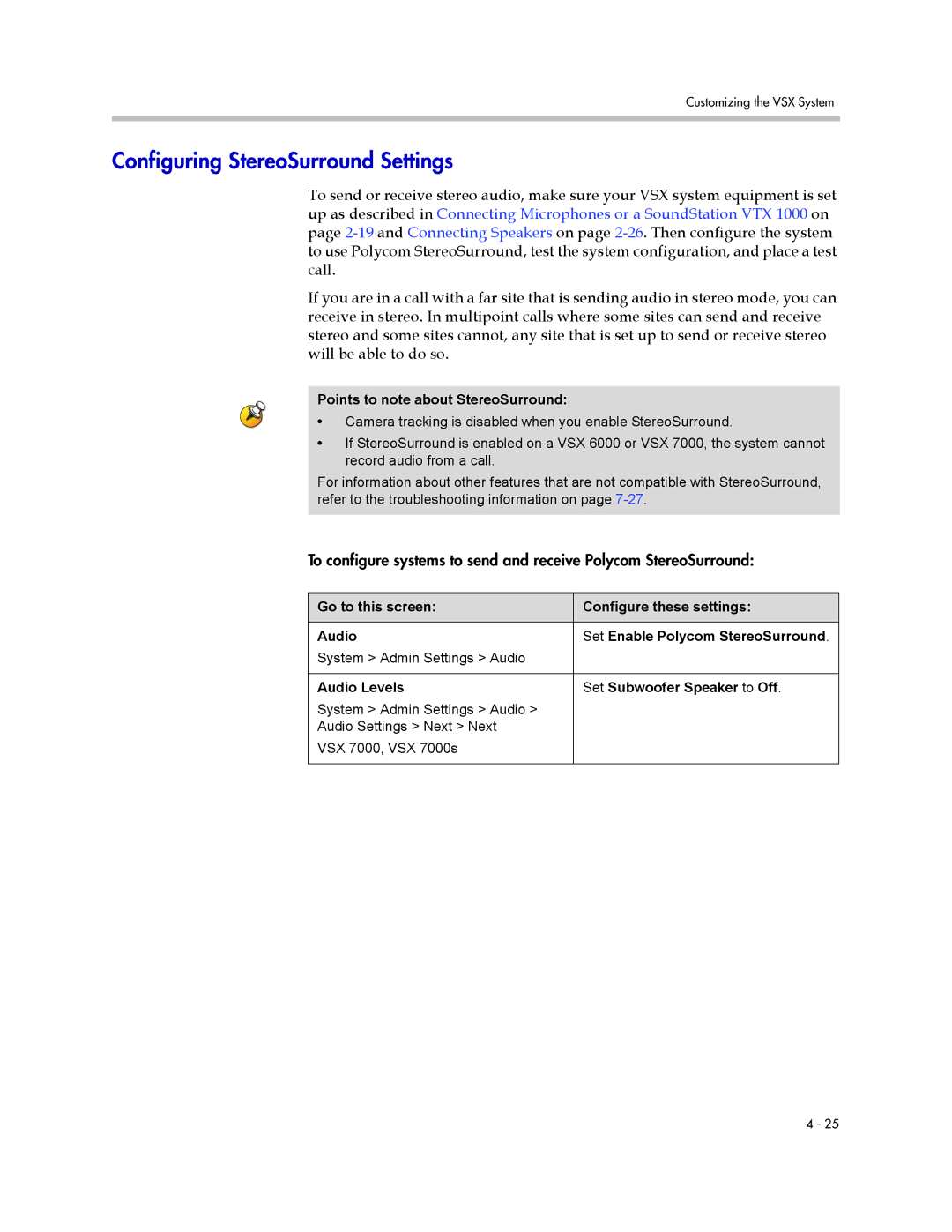 Polycom VSX Series manual Configuring StereoSurround Settings, Points to note about StereoSurround 