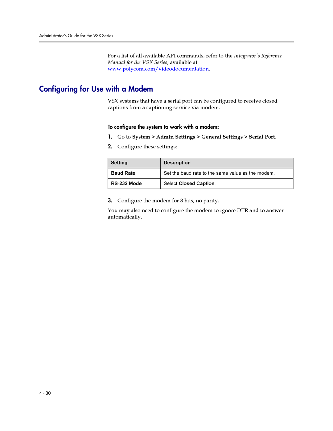 Polycom VSX Series manual Configuring for Use with a Modem 