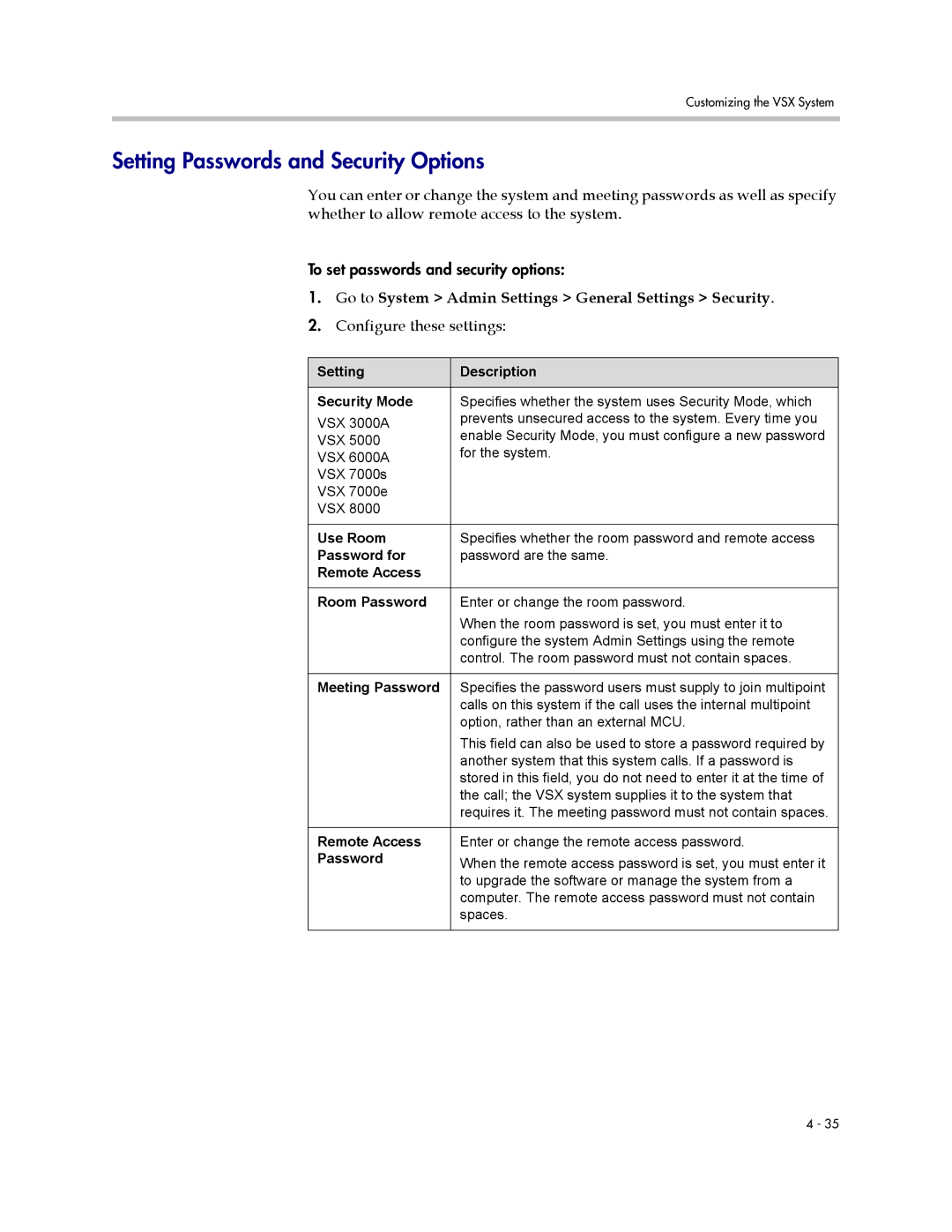 Polycom VSX Series manual Setting Passwords and Security Options 