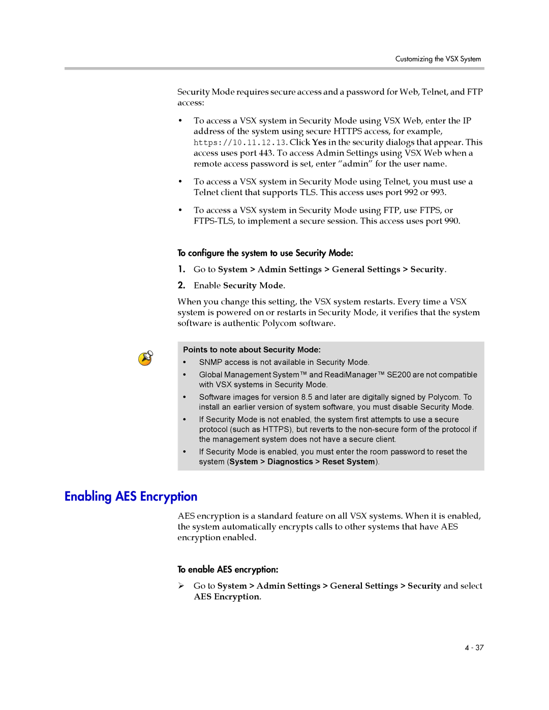 Polycom VSX Series manual Enabling AES Encryption, Points to note about Security Mode 