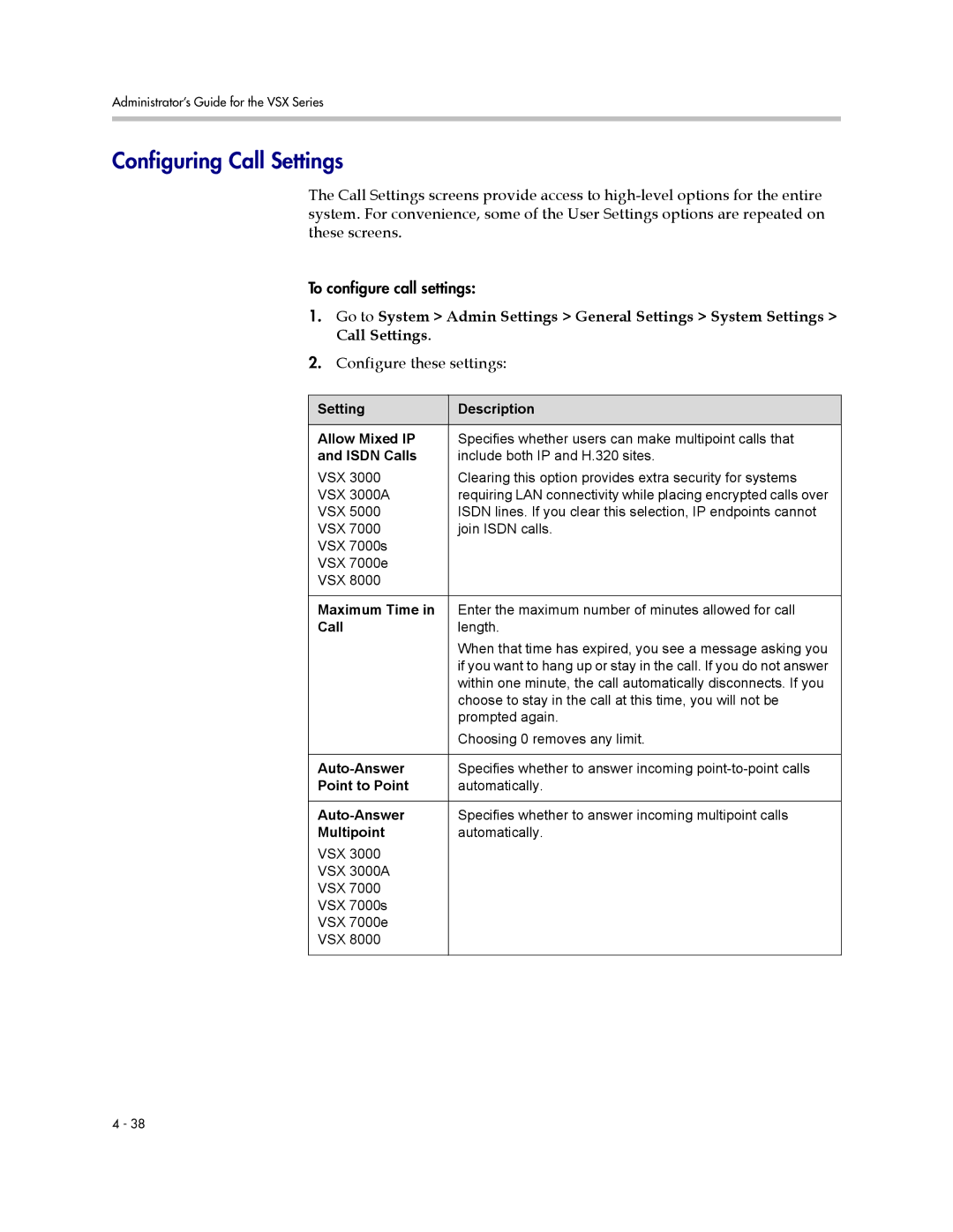 Polycom VSX Series manual Configuring Call Settings 