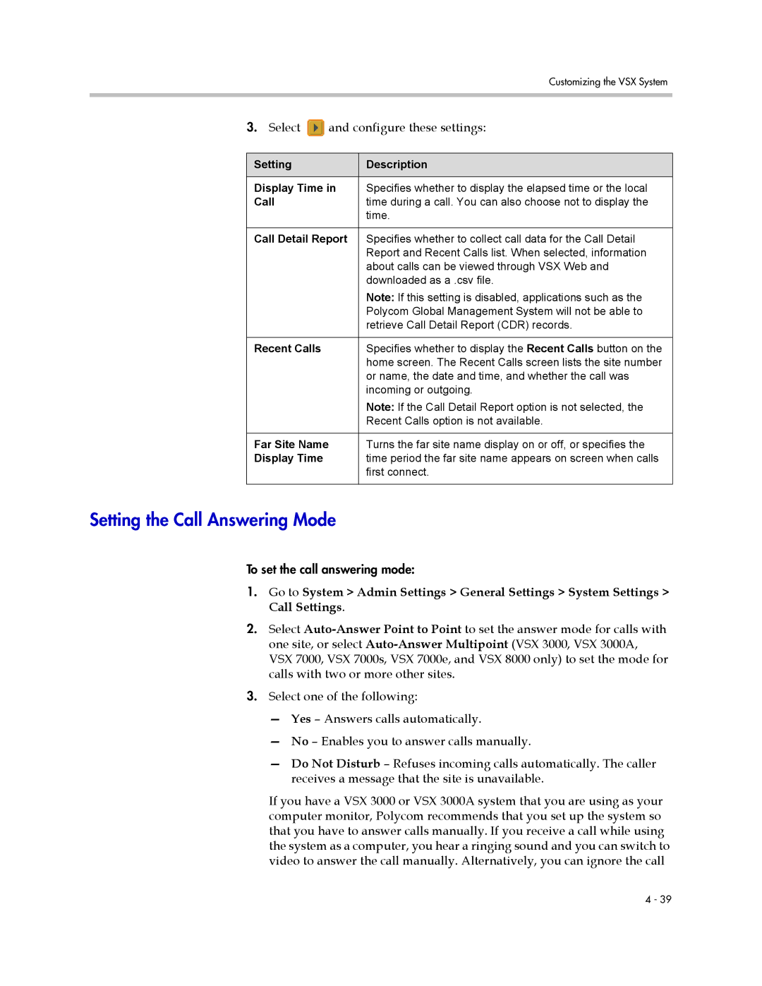 Polycom VSX Series Setting the Call Answering Mode, Setting Description Display Time, Call Detail Report, Recent Calls 