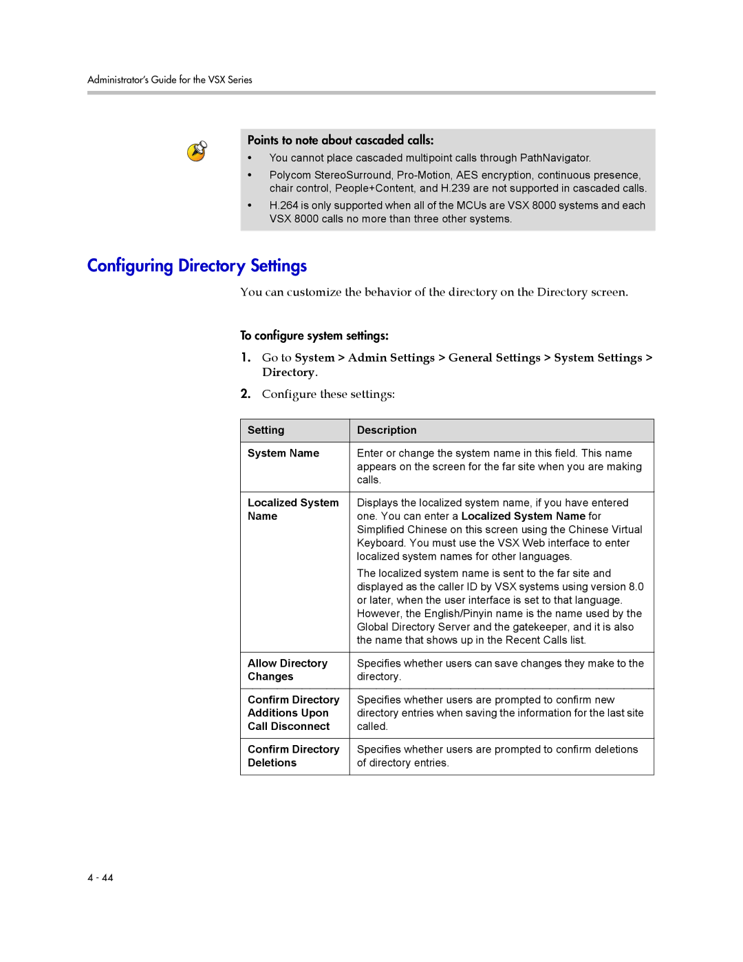 Polycom VSX Series manual Configuring Directory Settings 