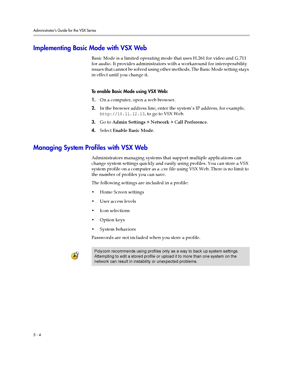 Polycom VSX Series manual Implementing Basic Mode with VSX Web, Managing System Profiles with VSX Web 