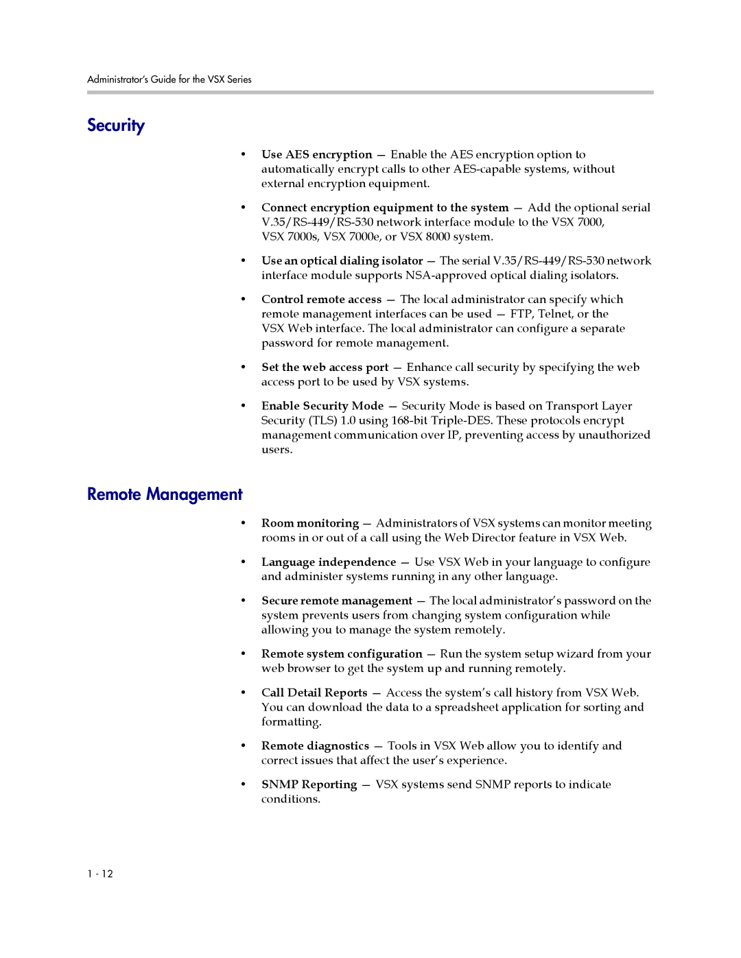 Polycom VSX Series manual Security, Remote Management 