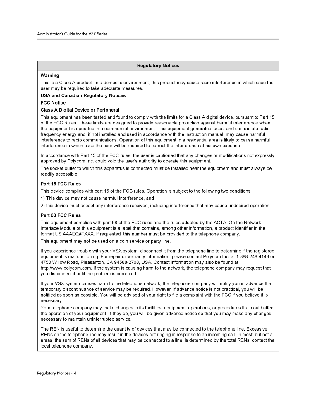 Polycom VSX Series manual Regulatory Notices, Part 15 FCC Rules, Part 68 FCC Rules 