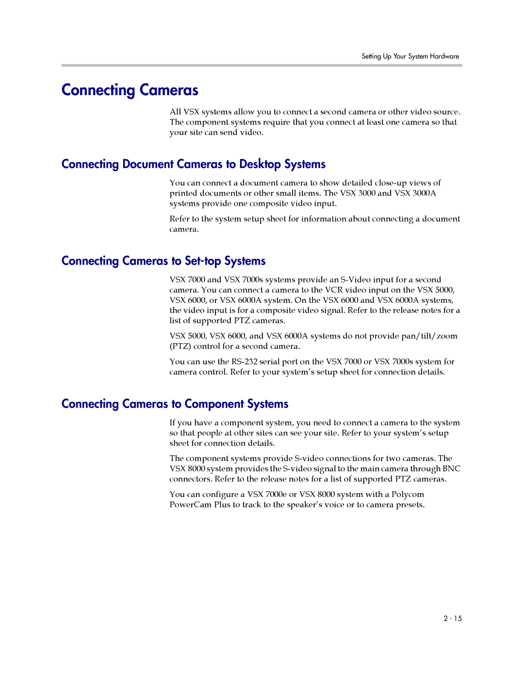 Polycom VSX Series manual Connecting Cameras, Connecting Document Cameras to Desktop Systems 