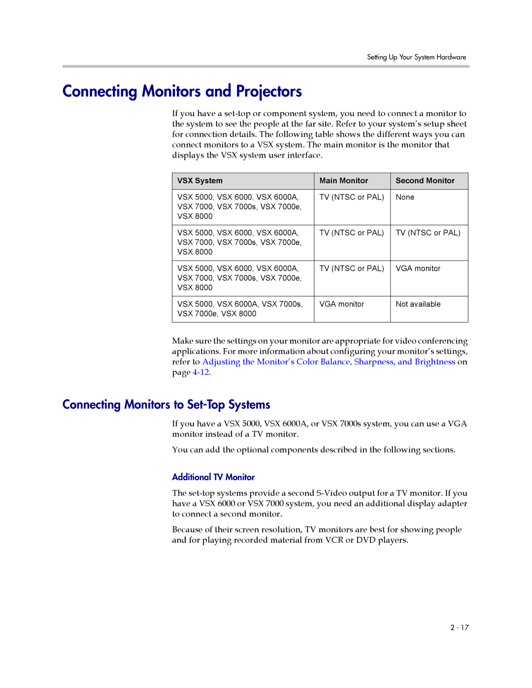 Polycom VSX Series manual Connecting Monitors and Projectors, Connecting Monitors to Set-Top Systems 