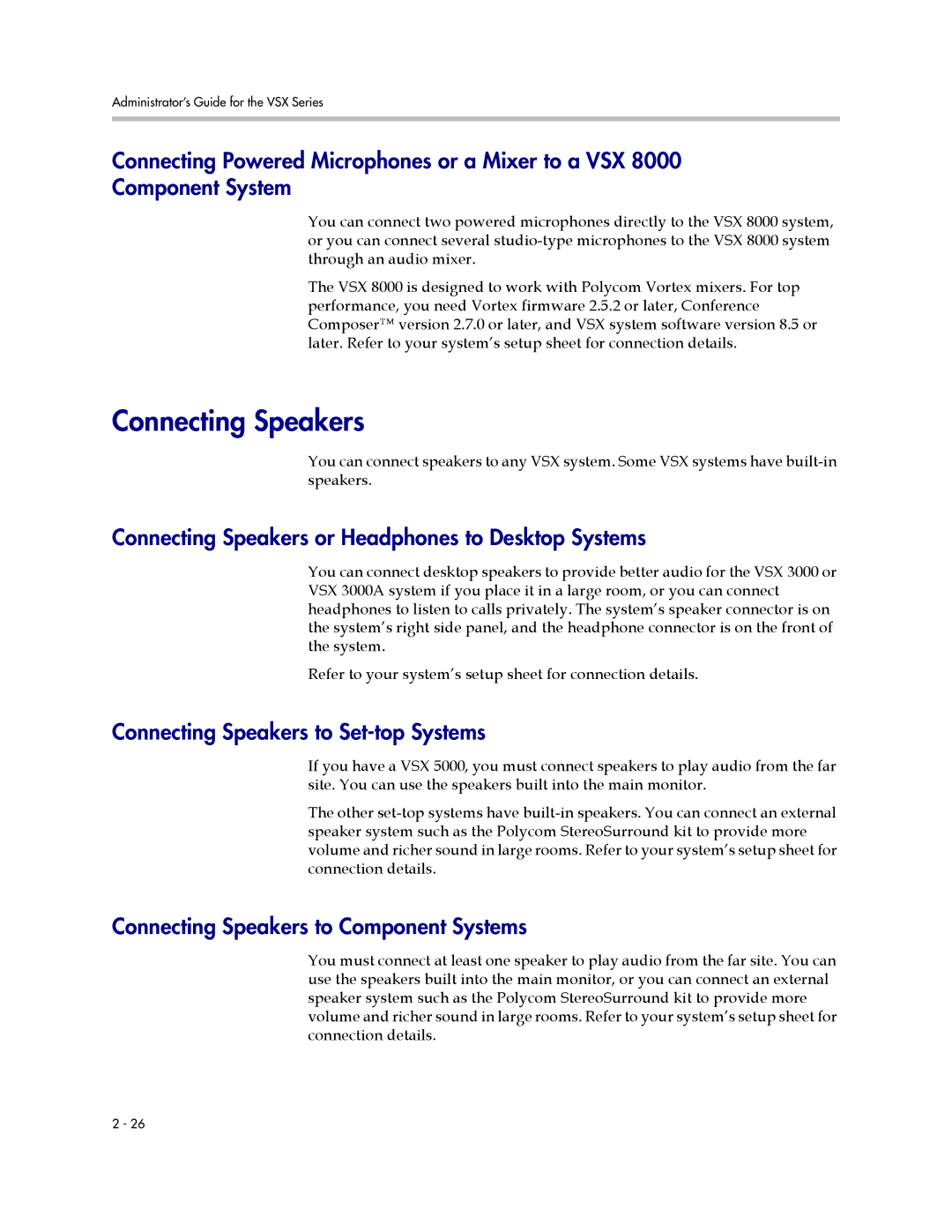 Polycom VSX Series manual Connecting Speakers or Headphones to Desktop Systems, Connecting Speakers to Set-top Systems 