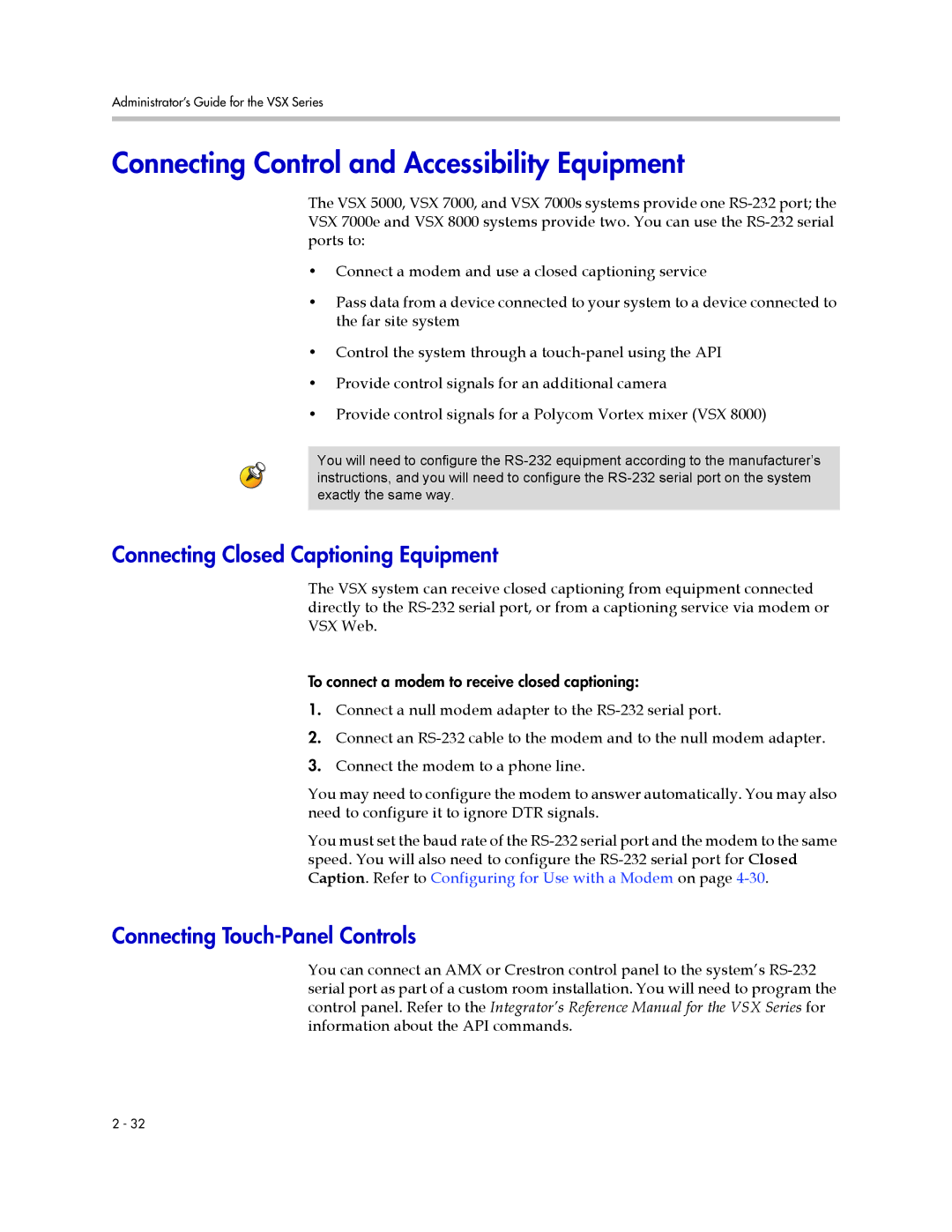 Polycom VSX Series manual Connecting Control and Accessibility Equipment, Connecting Closed Captioning Equipment 