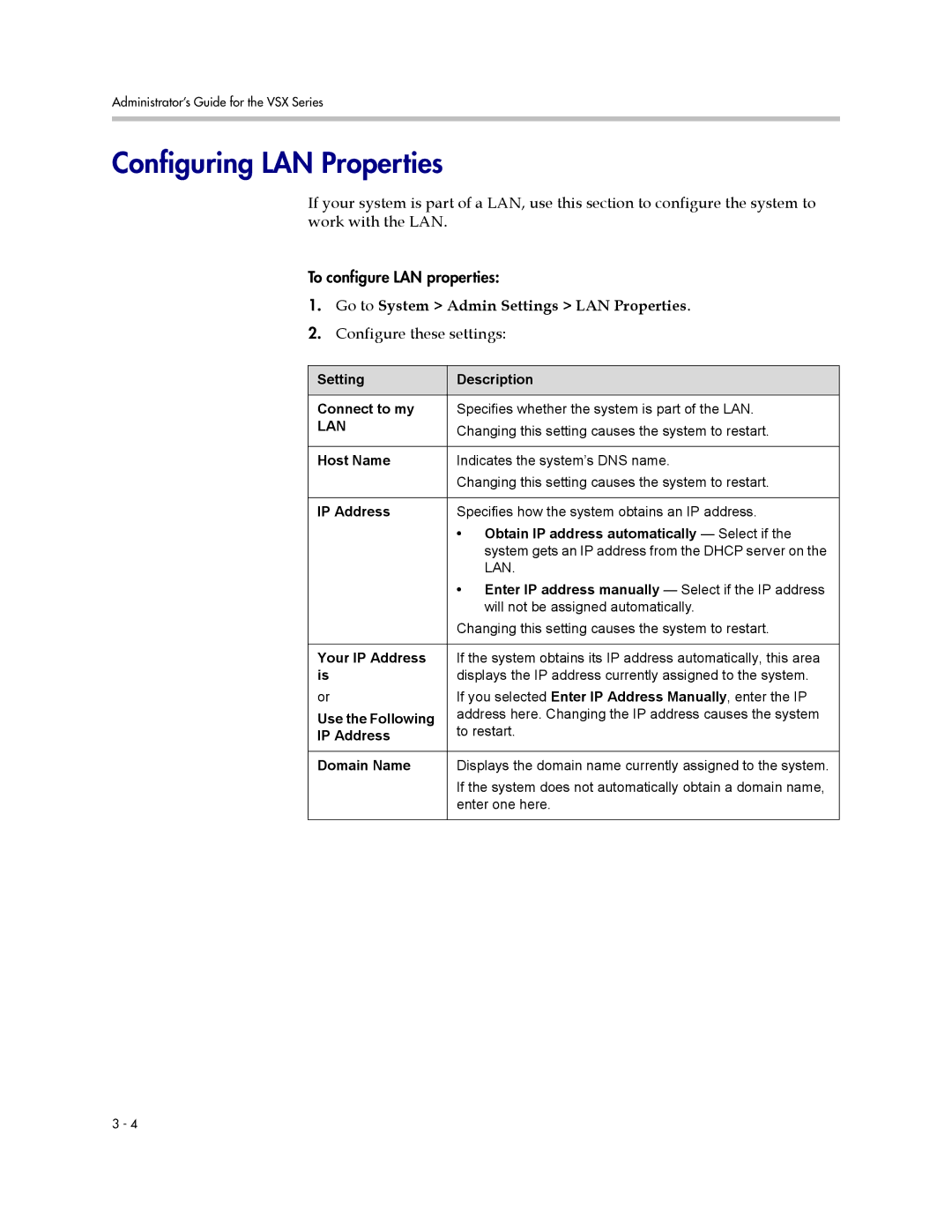 Polycom VSX Series manual Configuring LAN Properties, Go to System Admin Settings LAN Properties, Configure these settings 