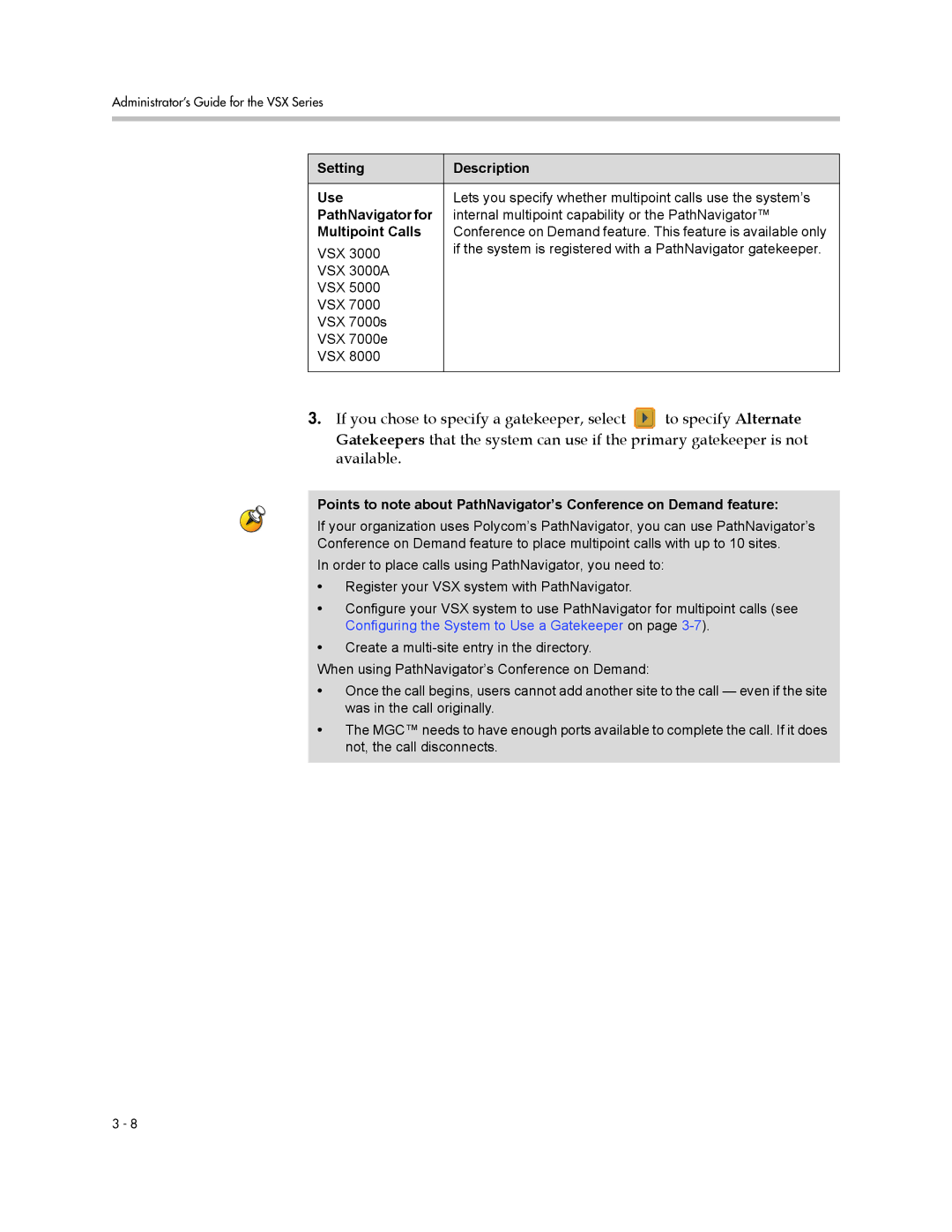 Polycom VSX Series manual Setting Description Use, PathNavigator for, Multipoint Calls 