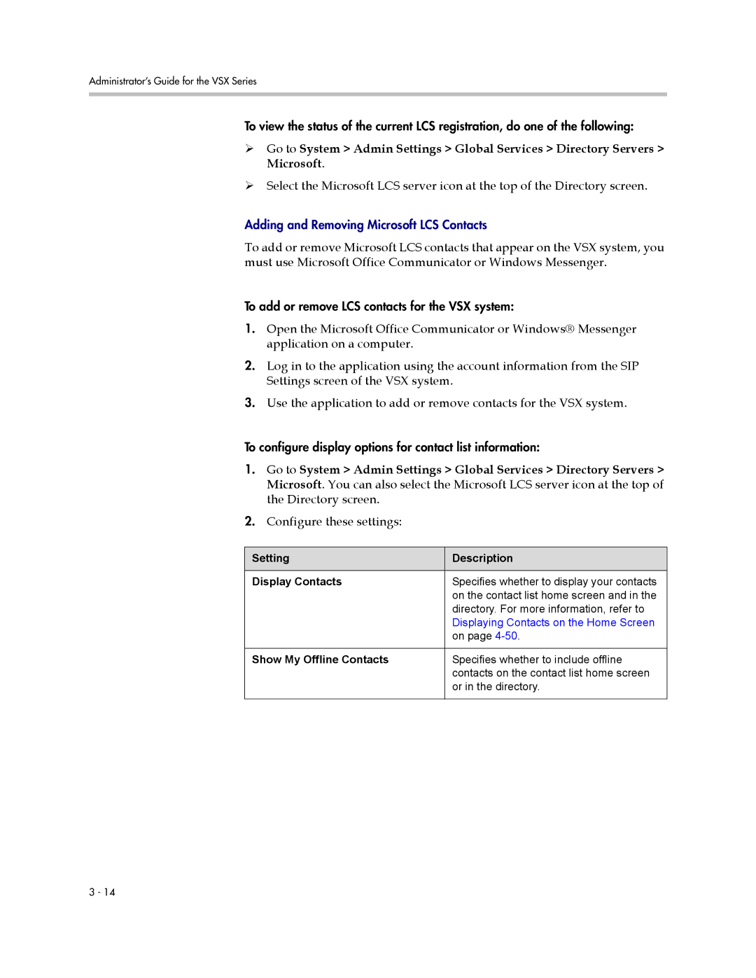 Polycom VSX Series manual Setting Description Display Contacts, Show My Offline Contacts 