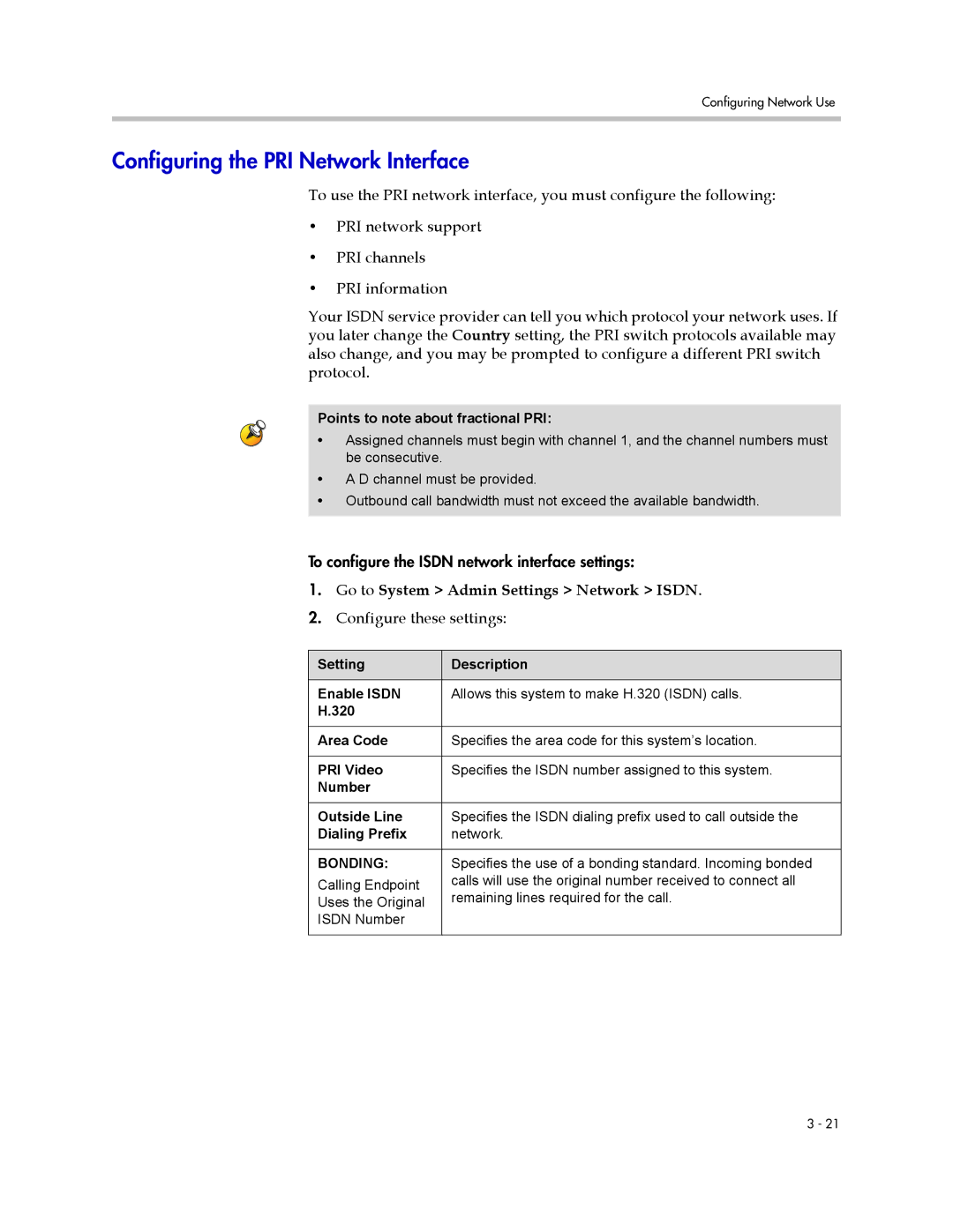 Polycom VSX Series manual Configuring the PRI Network Interface 