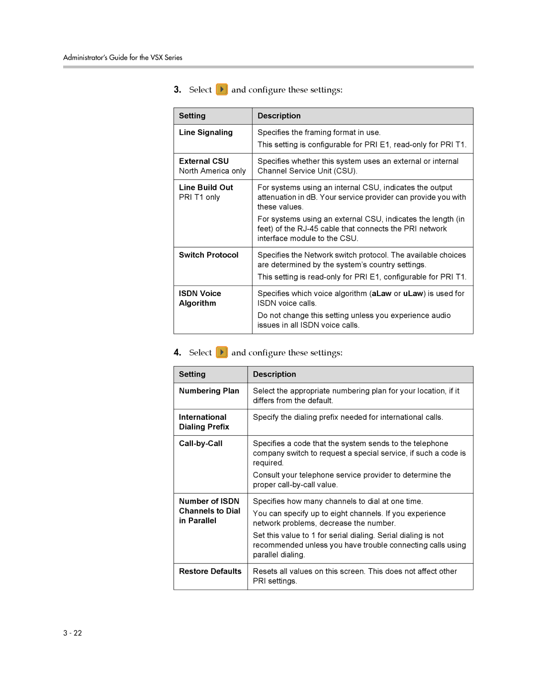 Polycom VSX Series manual Setting Description Line Signaling, External CSU, Line Build Out, Switch Protocol, International 