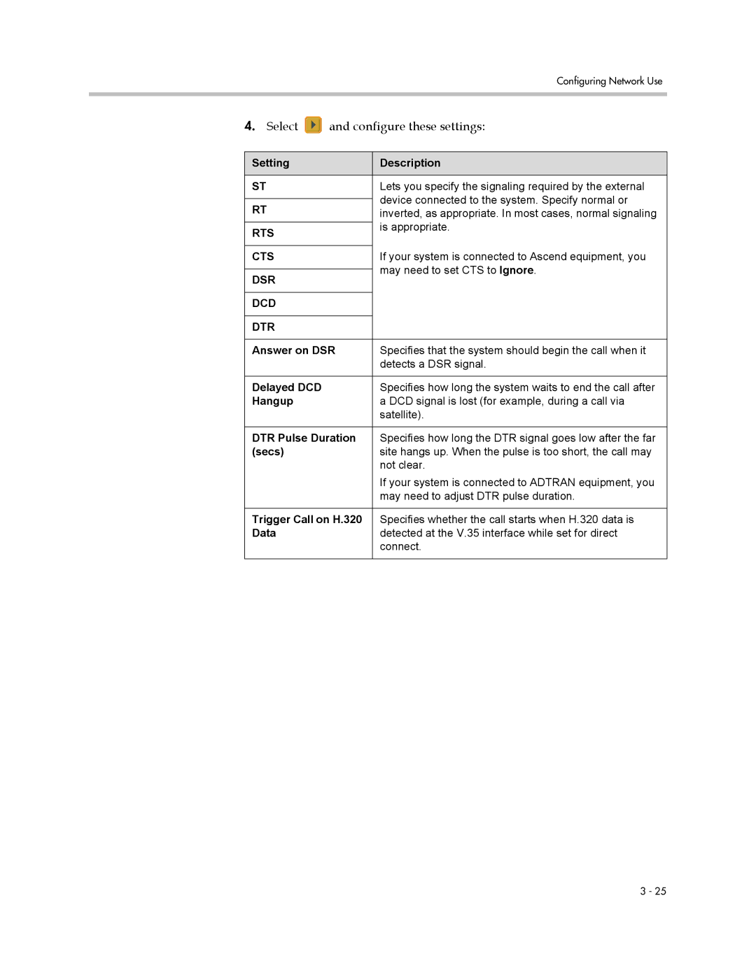 Polycom VSX Series manual Setting Description, Answer on DSR, Delayed DCD, Hangup, DTR Pulse Duration, Secs, Data 