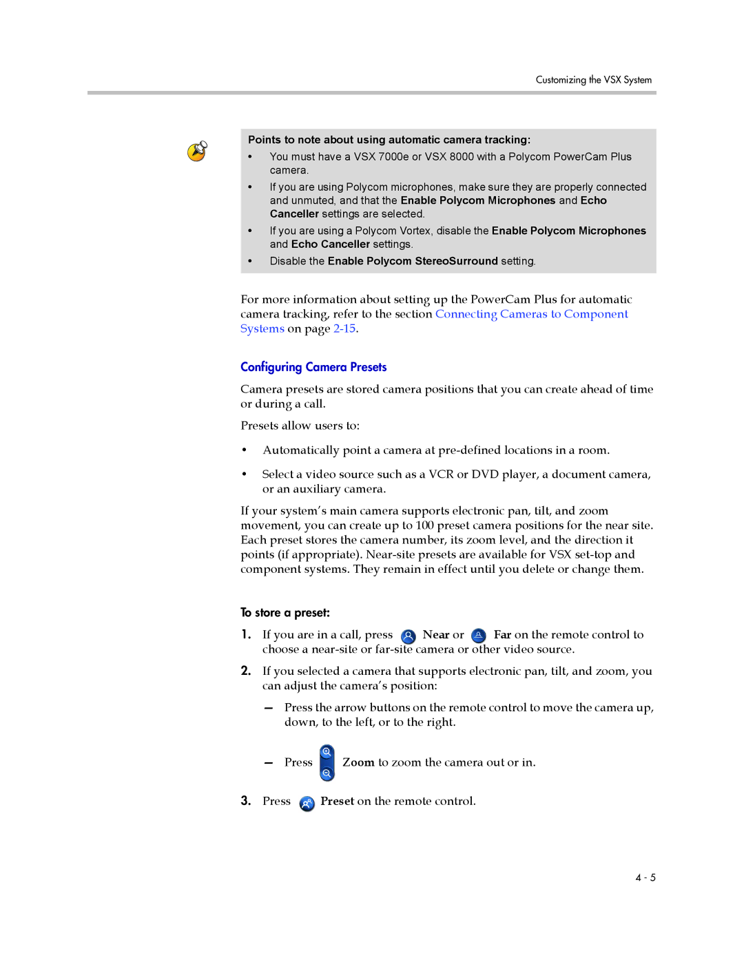 Polycom VSX Series Points to note about using automatic camera tracking, Disable the Enable Polycom StereoSurround setting 