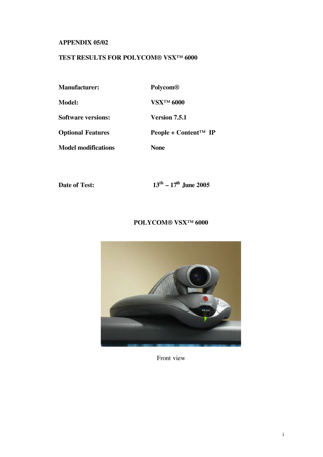 Polycom VSXTM 6000 appendix Appendix 05/02 Test Results for Polycom VSX 