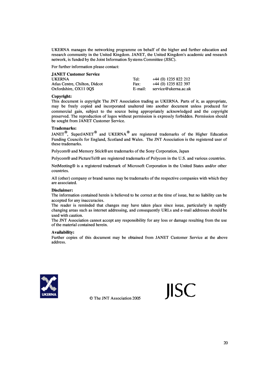 Polycom VSXTM 6000 appendix JANET Customer Service, Copyright, Trademarks, Disclaimer, Availability 