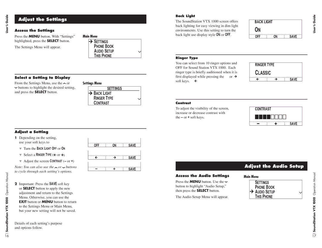 Polycom VTX1000 operation manual Adjust the Settings, Adjust the Audio Setup, OFF on Save 