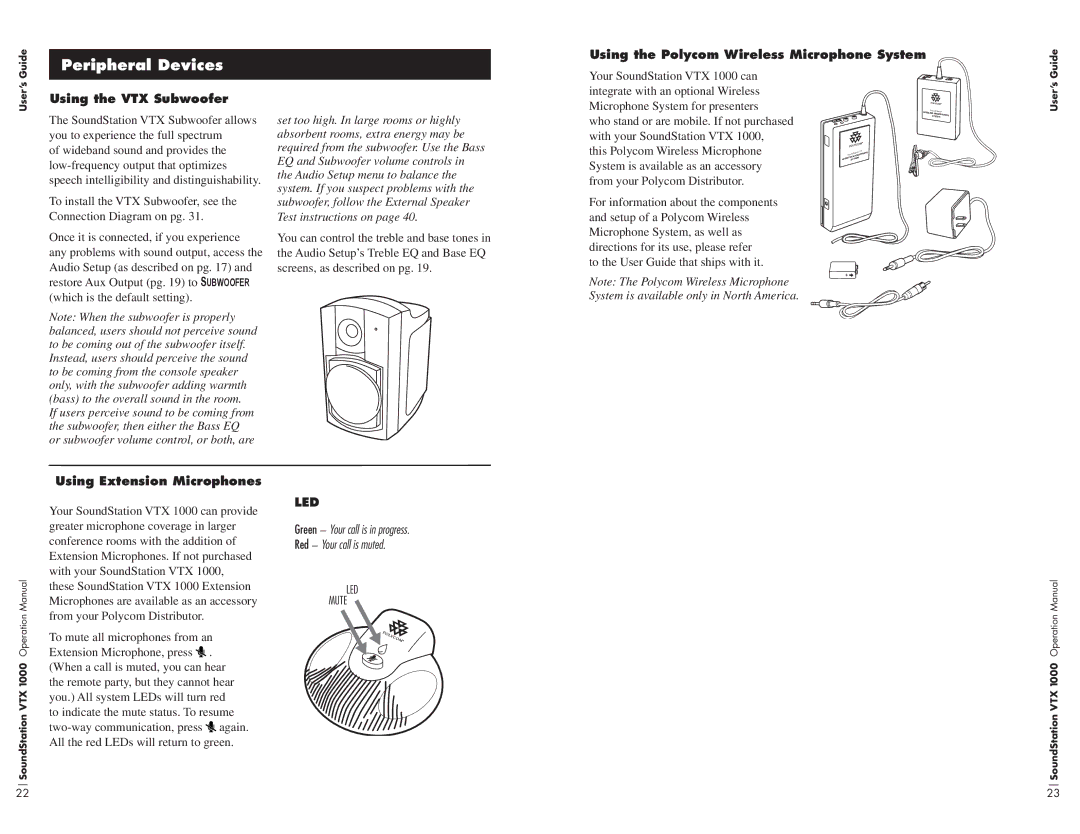 Polycom VTX1000 Peripheral Devices, Using the Polycom Wireless Microphone System, Using the VTX Subwoofer, Led 