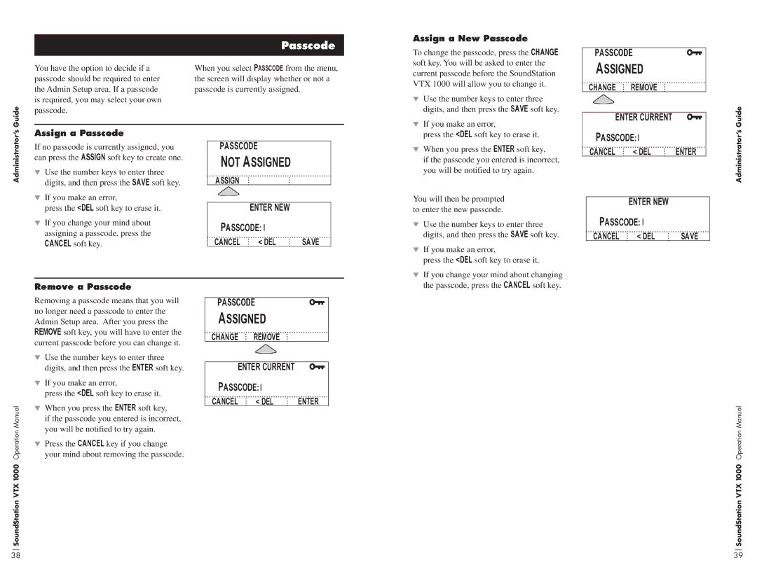 Polycom VTX1000 operation manual Assign a Passcode, Assign a New Passcode, Change Remove Enter, Remove a Passcode 