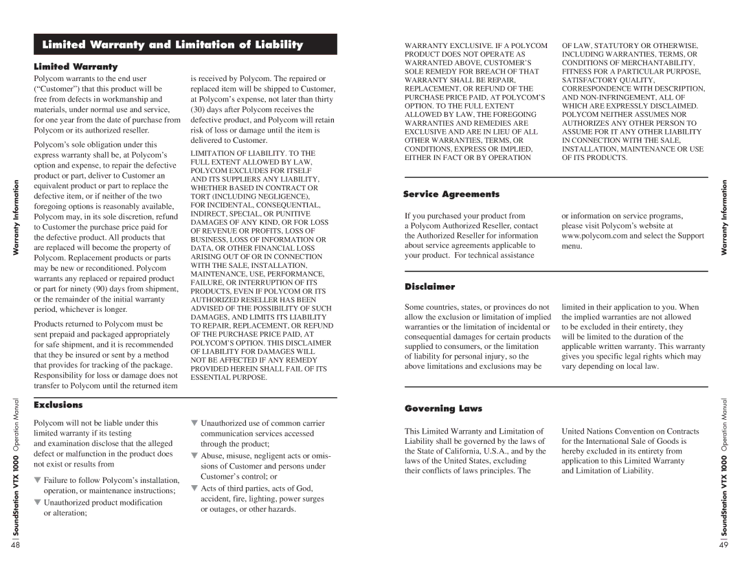 Polycom VTX1000 operation manual Limited Warranty and Limitation of Liability 