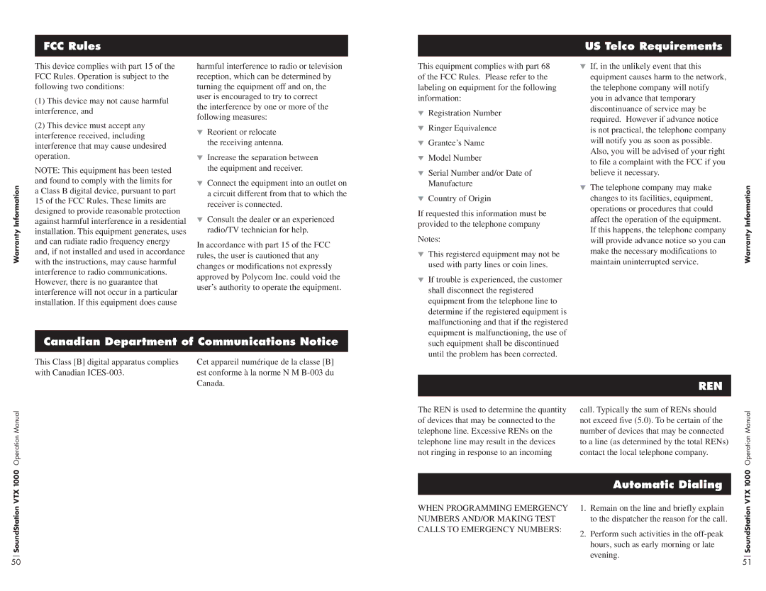 Polycom VTX1000 FCC Rules, US Telco Requirements, Canadian Department of Communications Notice, Automatic Dialing 