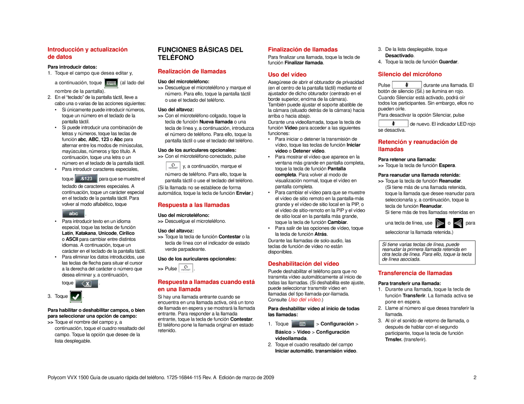 Polycom VVX 1500 Introducción y actualización de datos, Realización de llamadas, Respuesta a las llamadas, Uso del vídeo 
