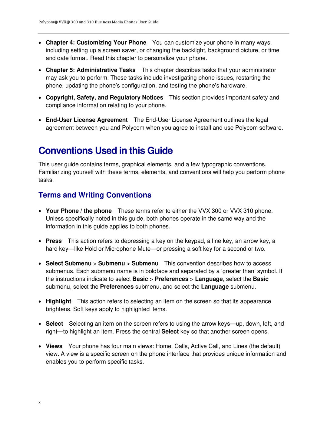 Polycom VVX 300 manual Conventions Used in this Guide, Terms and Writing Conventions 