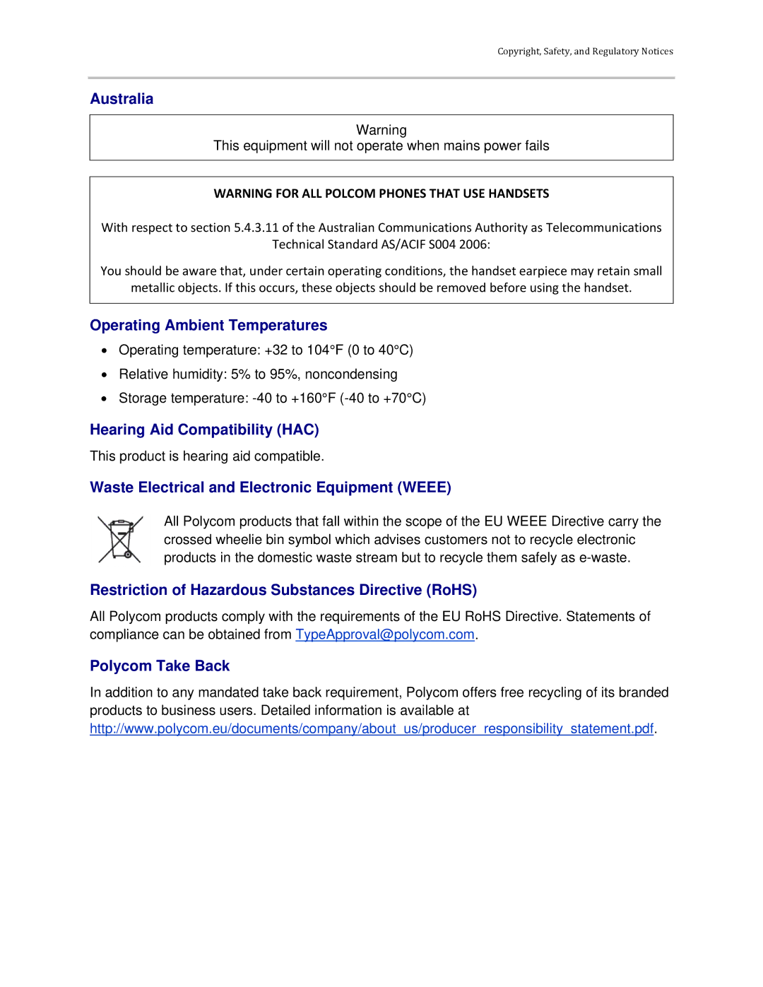 Polycom VVX 300 manual Australia, Operating Ambient Temperatures, Hearing Aid Compatibility HAC, Polycom Take Back 