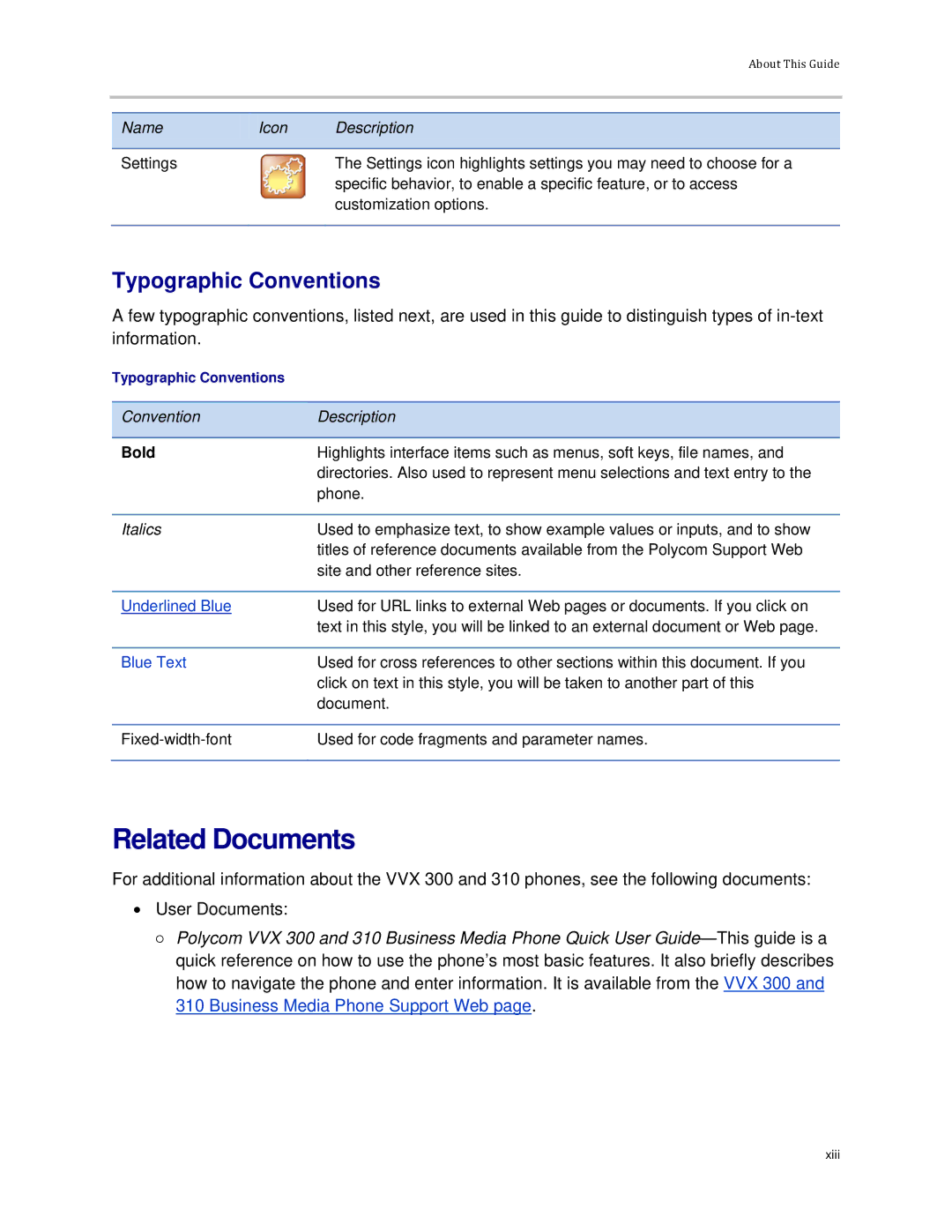 Polycom VVX 300 manual Related Documents, Typographic Conventions 