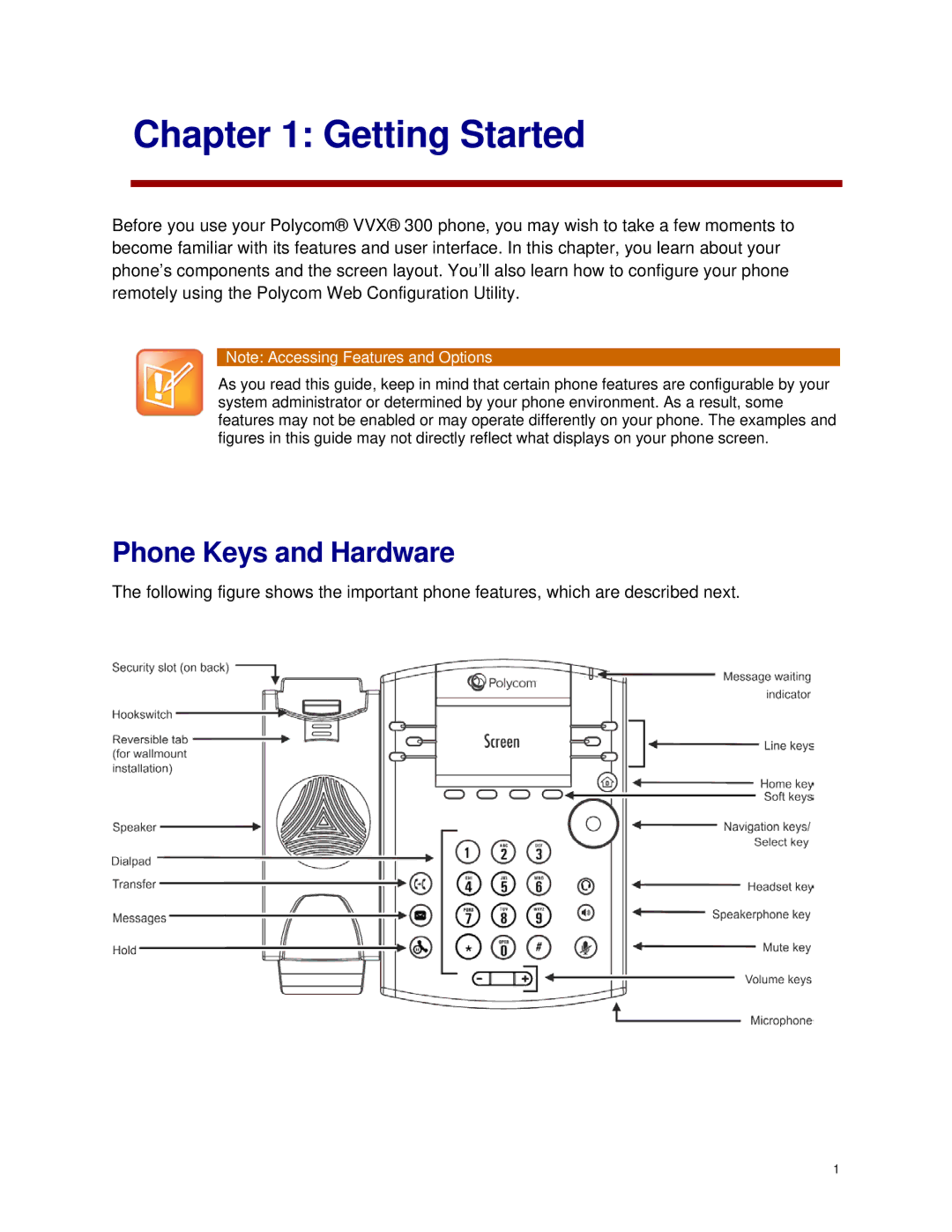 Polycom VVX 300 manual Getting Started, Phone Keys and Hardware 