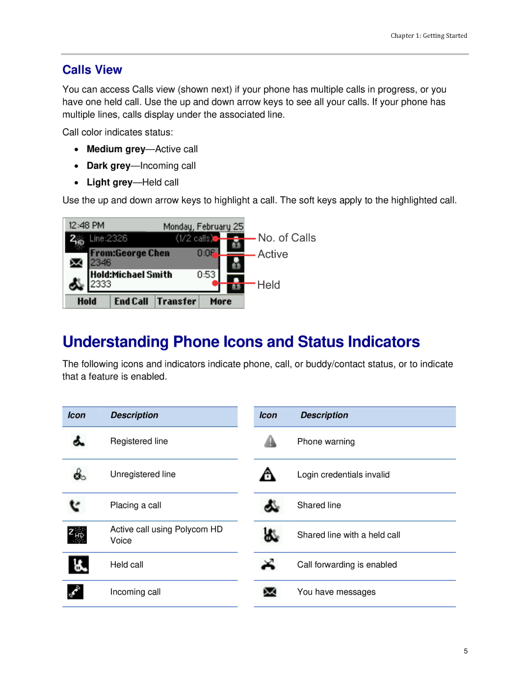 Polycom VVX 300 manual Understanding Phone Icons and Status Indicators, Calls View, Light grey-Held call 