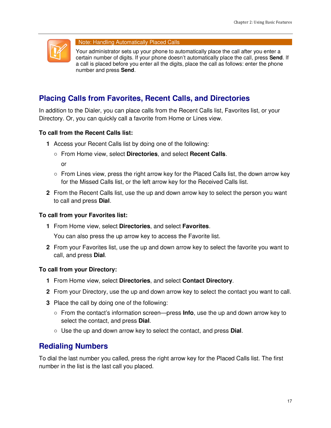 Polycom VVX 300 manual Placing Calls from Favorites, Recent Calls, and Directories, Redialing Numbers 