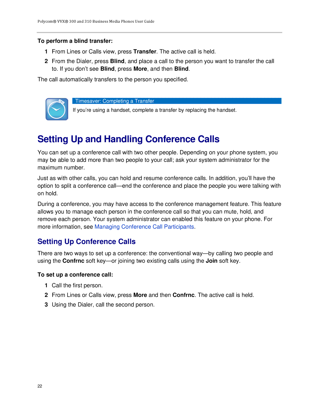 Polycom VVX 300 manual Setting Up and Handling Conference Calls, Setting Up Conference Calls, To perform a blind transfer 