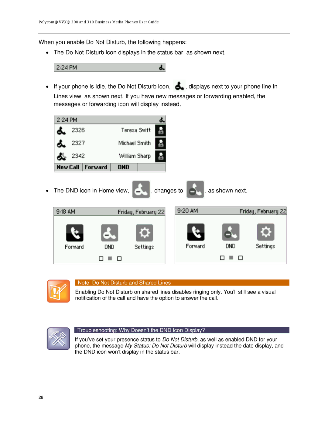 Polycom VVX 300 manual Troubleshooting Why Doesn’t the DND Icon Display? 