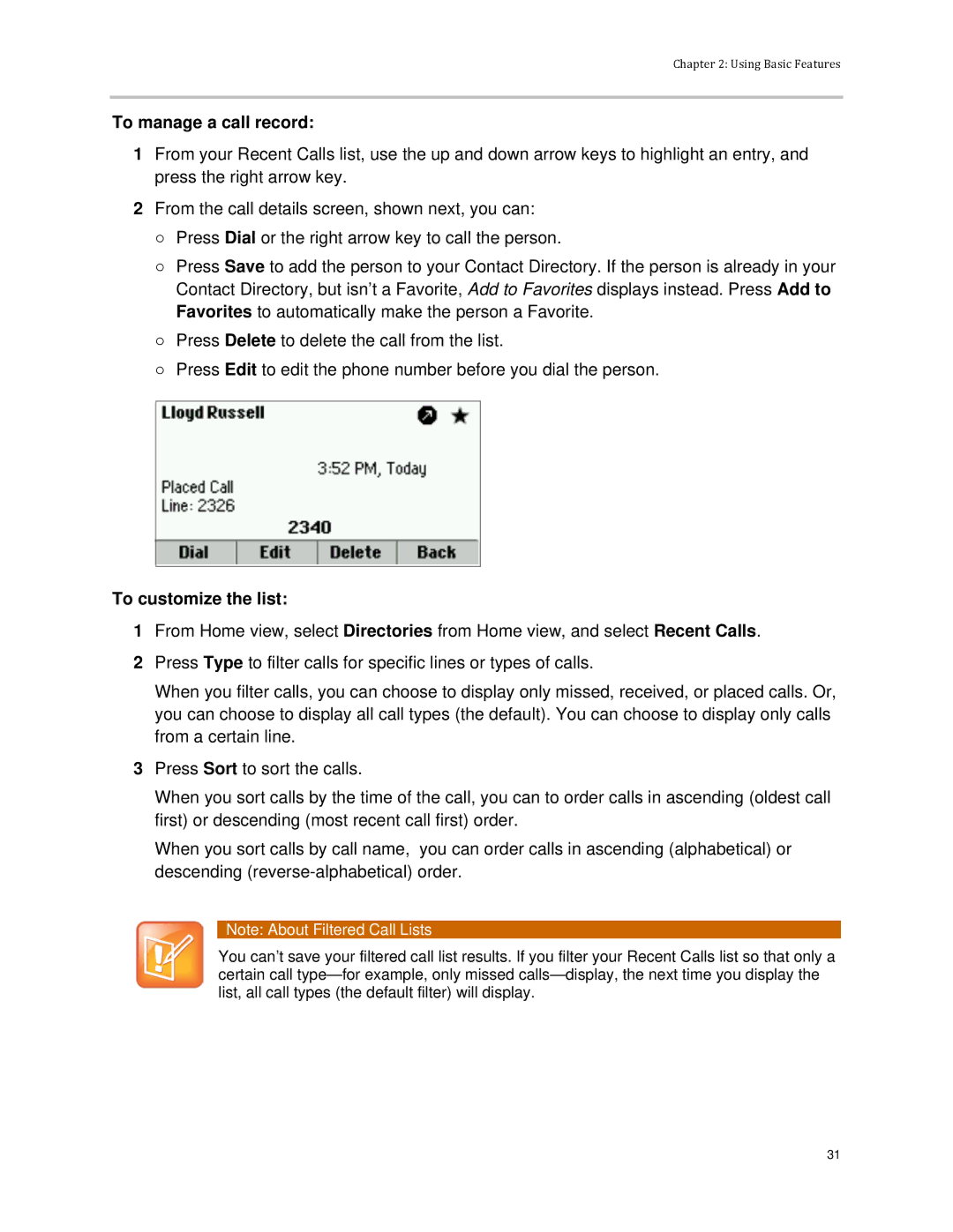 Polycom VVX 300 manual To manage a call record, To customize the list 