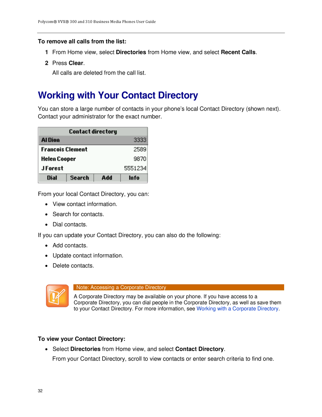 Polycom VVX 300 Working with Your Contact Directory, To remove all calls from the list, To view your Contact Directory 