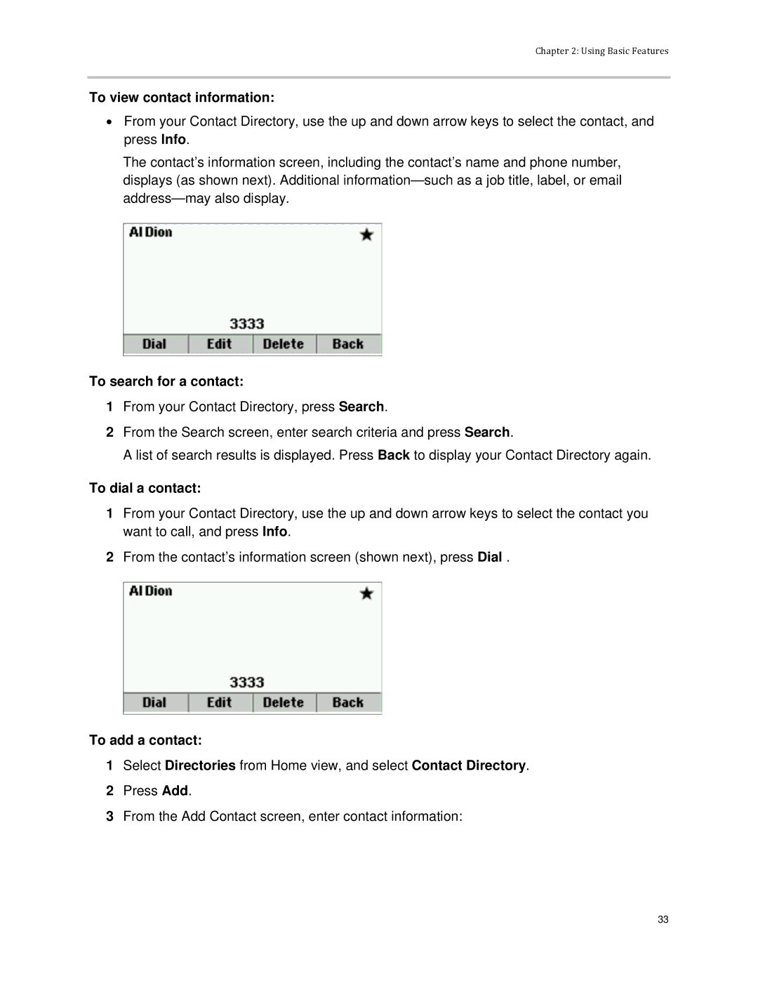 Polycom VVX 300 manual To view contact information, To search for a contact, To dial a contact, To add a contact 