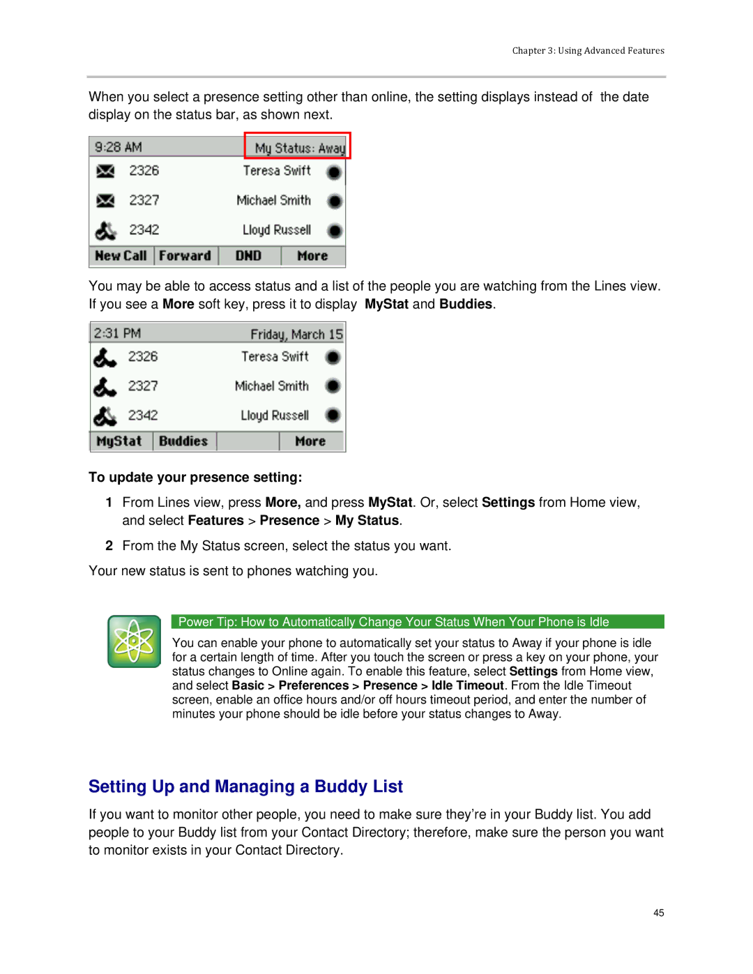 Polycom VVX 300 manual Setting Up and Managing a Buddy List, To update your presence setting 