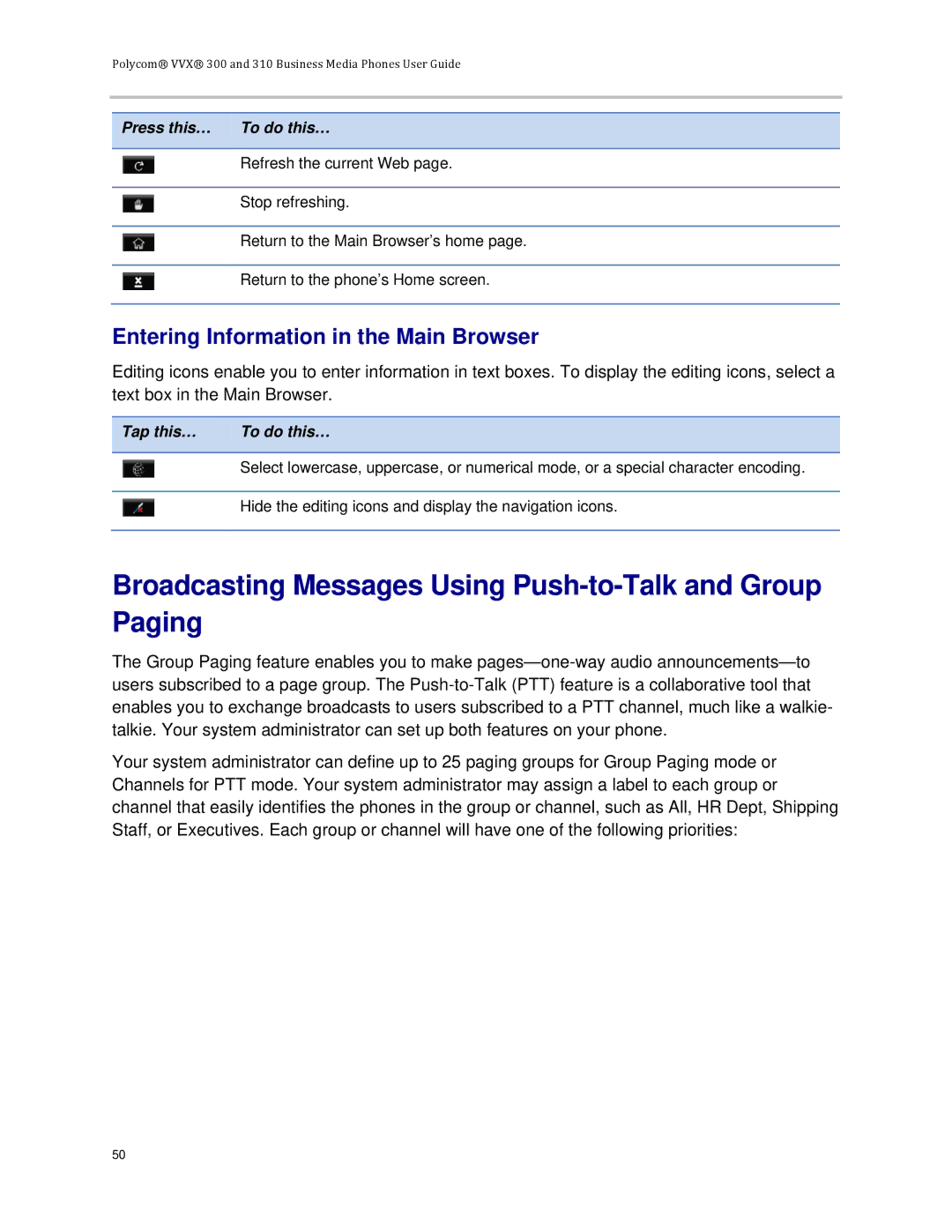 Polycom VVX 300 manual Broadcasting Messages Using Push-to-Talk and Group Paging, Entering Information in the Main Browser 