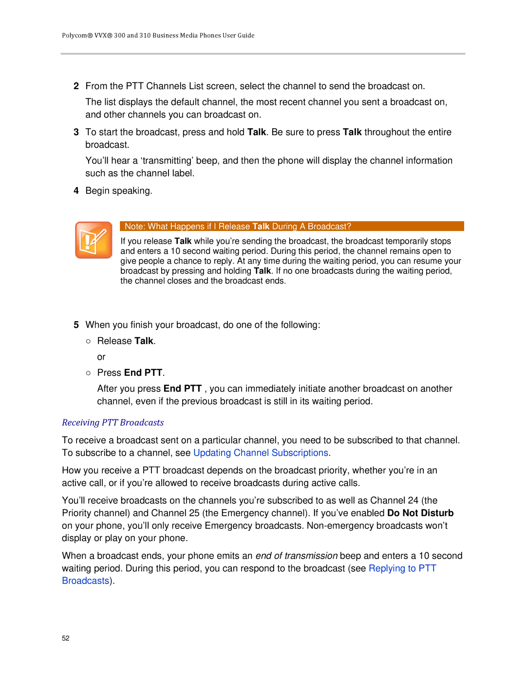 Polycom VVX 300 manual Receiving PTT Broadcasts 