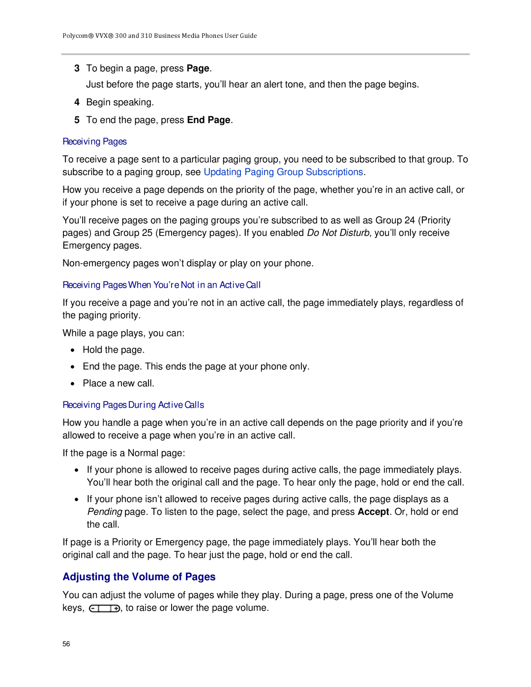 Polycom VVX 300 manual Adjusting the Volume of Pages, Receiving Pages 