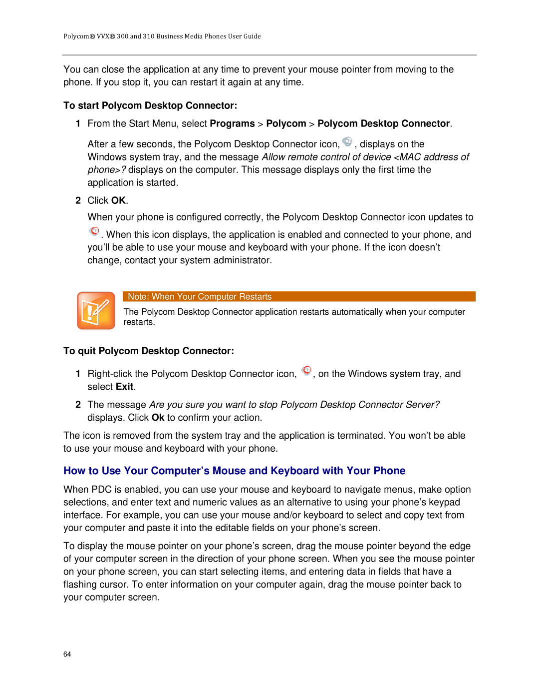 Polycom VVX 300 manual To quit Polycom Desktop Connector 