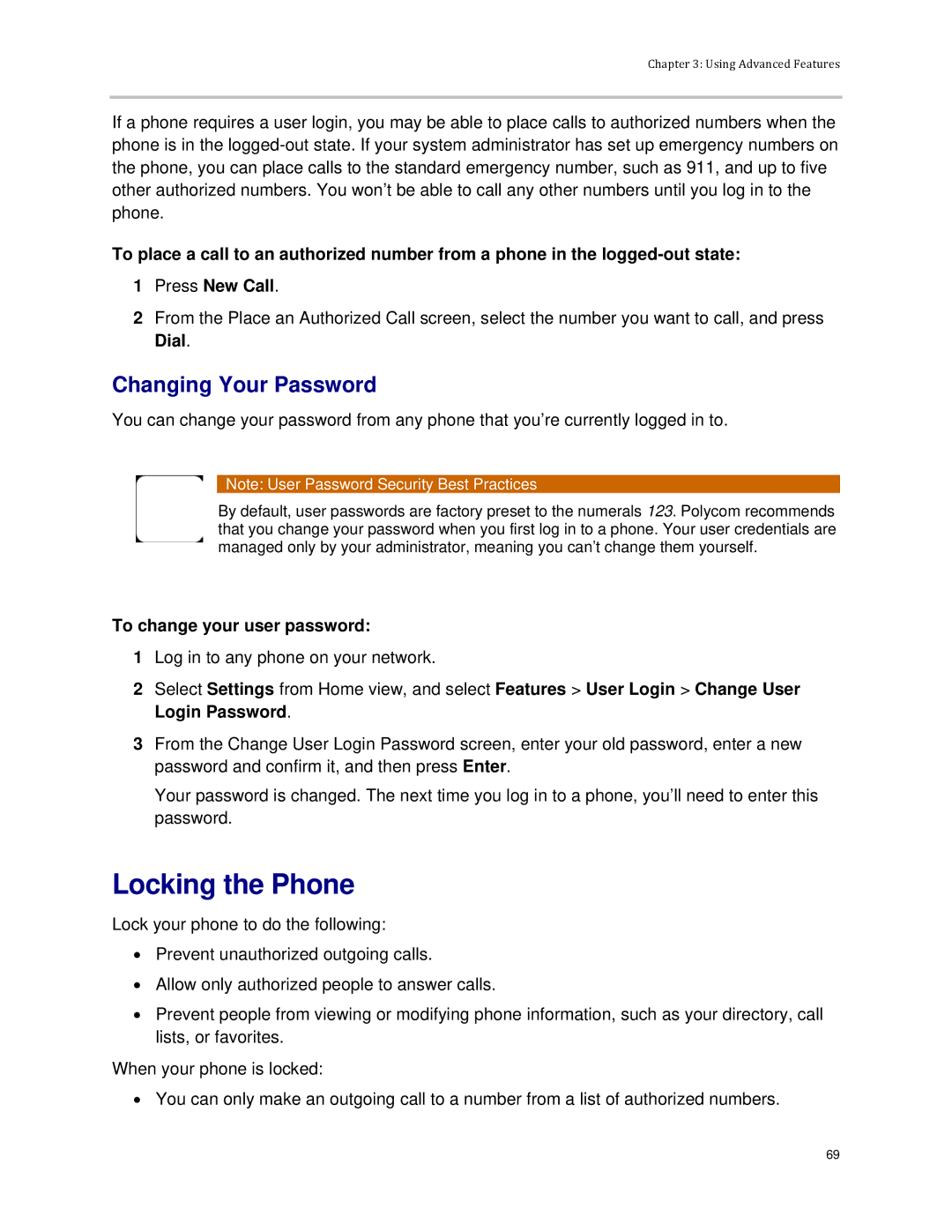 Polycom VVX 300 manual Locking the Phone, Changing Your Password, To change your user password 