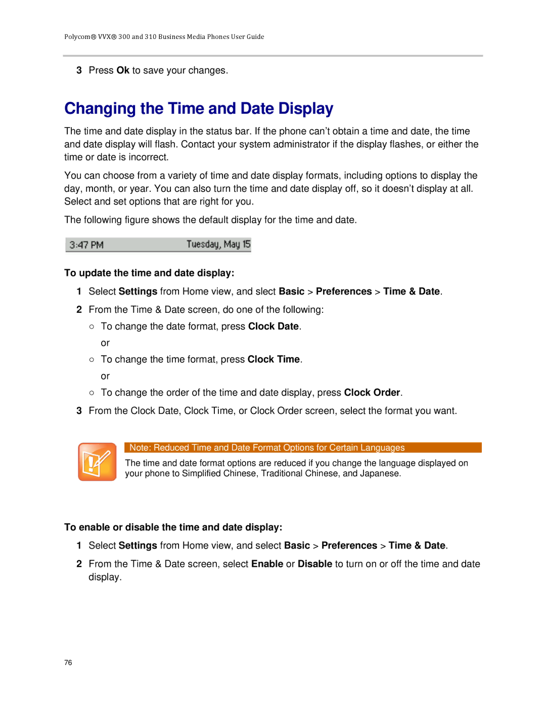 Polycom VVX 300 manual Changing the Time and Date Display, To update the time and date display 